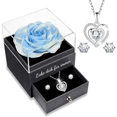 Immagine prodotto di Rosa conservata con ciondolo a forma di cuore e orecchini in argento sterling 925, colore bianco e blu