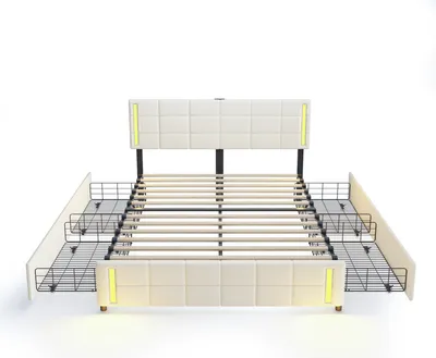 Produktbild von Polsterbett 140x200cm(Ohne Matratze) Jugendbett Kinderbett Gästebett Einzelbett Mit LED-Lichtsteckdose Mit Schubladen Leinenstoff Beige