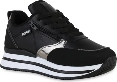 Produktbild von VAN HILL Damen Plateau Sneaker Keilabsatz Schnürer Metallic Zipper Schuhe 840174, Farbe: Schwarz Silber Metallic, Größe: 37