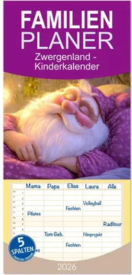 Produktbild von Familienplaner 2026 - Zwergenland - Kinderkalender mit 5 Spalten (Wandkalender, 21 x 45 cm) CALVENDO