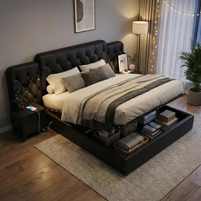 A bedroom scene with a large, tufted black bed as the focal point, featuring storage underneath and bedside tables with lamps.