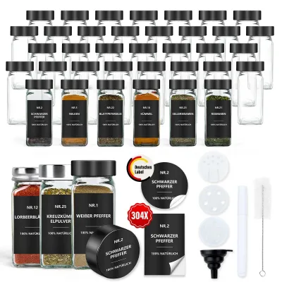 Produktbild von Omgoods – Set mit 36 quadratischen Gewürzgläsern mit Etiketten – Glas, 120 ml