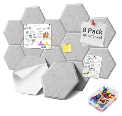 Produktbild von Set mit 8 sechseckigen Filz-Pinnwänden, 30 x 26 x 0,9 cm, selbstklebend, silbergrau