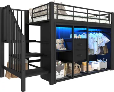 Produktbild von Hochbett mit Kleiderschrank, LED-Streifen, Lattenrost, Treppe und Rausfallschutz, 90x200cm, Kinderbett, Metallbett