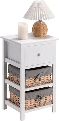 Produktbild von Nachttisch PORTEL in weiß, Nachtkommode mit 1 Schublade und 2 Körben für Stauraum, Beistelltisch im Landhausstil aus Paulownia-Holz