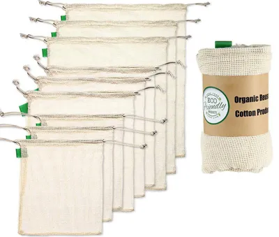 Image de Sacs réutilisables pour fruits et légumes (9 pièces) y compris sacs à noix et à pain - filet à légumes réutilisable, filet à fruits, sac à fruits, set de sacs à légumes 100% coton - Zero Waste, sans plastique