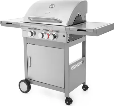 A stainless steel gas grill with side tables and a storage cabinet.