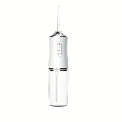 A white and silver portable water flosser is shown against a white background.