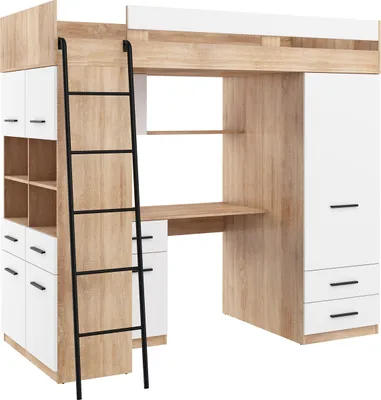Produktbild von Hochbett LEVEL L Etagenbett Schlafzimmer-Sets Schreibtisch Kleiderschrank Regal Sonoma Eiche Weiß
