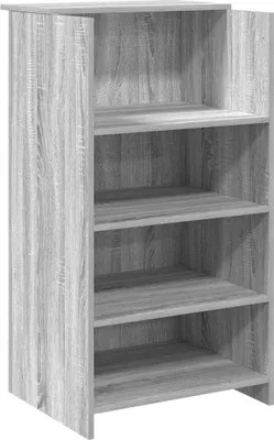 A gray wooden shelf unit with four shelves.