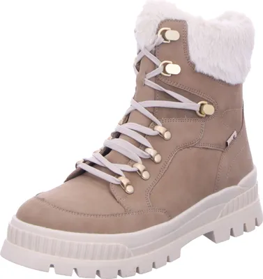 A single beige winter boot with white fur trim and a thick white sole is shown against a white background.
