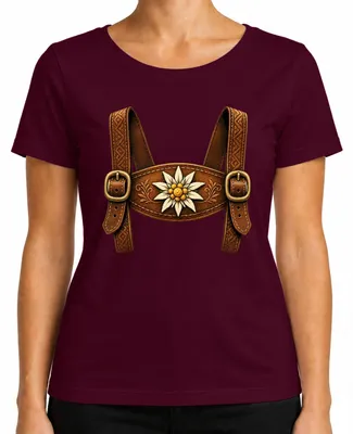 Productafbeelding van Lederhosen, traditionele kleding, Edelweiß, , traditioneel shirt, Dirndl, dames T-shirt, bordeauxrood, maat S