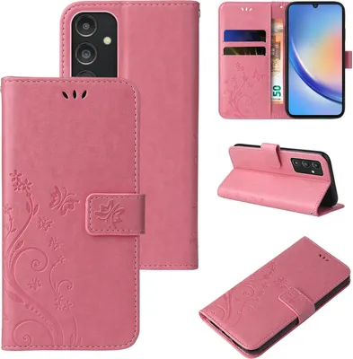 Produktbild von Handyhülle für Samsung Galaxy A34 5G Floral Blumen Schmetterling Flip Cover Hülle Case Klapphülle Handytasche Farbe: Rosegold