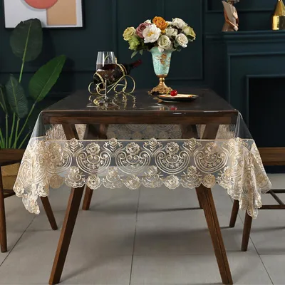 Obrázek produktu pro Obdélníková vinylová ubrus, voděodolná, s krajkou, barva khaki, rozměry 150 x 270 cm