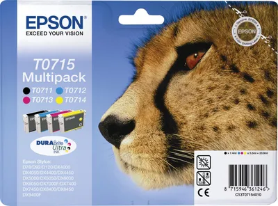 Obrázok produktu pre Epson Cheetah Multipack 4-barevná T0715 DURABrite Ultra Ink, Čierna, Azúrová, Purpurová, Žltá, 1 kusov, Viacnásobné balenie