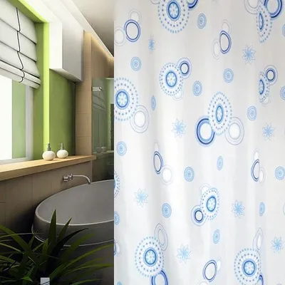 Obrázok produktu pre Textilný sprchový záves 120x200 cm modré kruhy vrátane sprchových krúžkov biela modrá 120x200