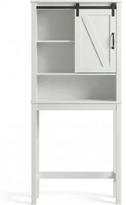 Image de Étagère de salle de bain au-dessus des toilettes - Armoire de salle de bain - Gain de place - Porte coulissante de style rustique - Étagères réglables - Structure métallique - Blanc