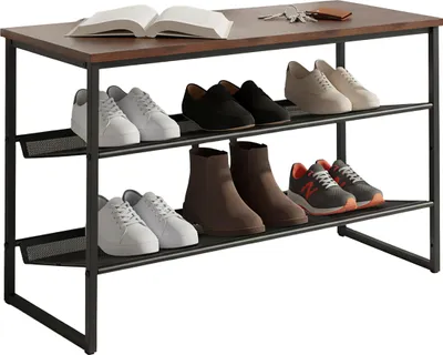Zdjęcie produktu dla Półka na buty Relaxdays, wymiary: 52,5 x 75 x 30 cm, na 6 par butów, półka, stojak na buty w stylu industrialnym, MDF, metal, czarno-brązowy