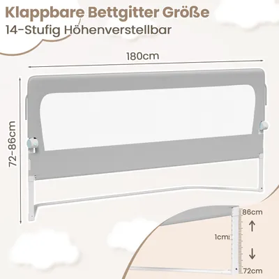 Produktbild von TolleTour 180cm klappbares Bettgitter, 180 Grad drehbares Bettschutzgitter für Kleinkinder, höhenverstellbar, luftiges Netz, für Kinderbett, grau