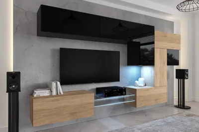 Obrázek produktu pro Furnitech Obývací stěna - Nábytek do obývacího pokoje s LED RGB - 16 barev - Moderní závěsná skříňka - Police a TV skříňka (AN92NEW-21BS-HGM23)