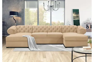 Produktbild von FURMEB 24 Ecksofa SWAROWSKI U mit Schlaffunktion, 348x180 cm, Steppung, Diamantmuster, BEIGE