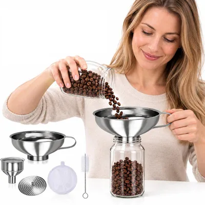 Produktbild von Marmeladentrichter 11-teilig, Edelstahl Einfülltrichter für Einmachgläser, mit Feinsieb, Flaschentrichter und Reinigungsbürsten