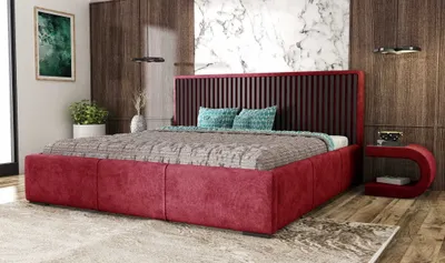 Produktbild von AGMAT Polsterbett WOOD mit Kopfteil, 200 x 200 cm, Doppelbett mit Bettkasten und Lattenrost aus Metall, Velourstoff: Rot