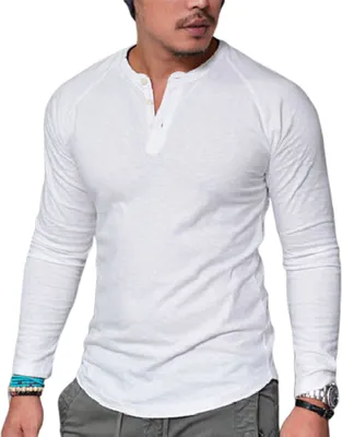 Produktbild von Herren Casual Solid Color O-Ausschnitt Langarmknöpfe Plus Size Slim Bluse T-Shirt-Weiß (Asiatische Größe:2XL)