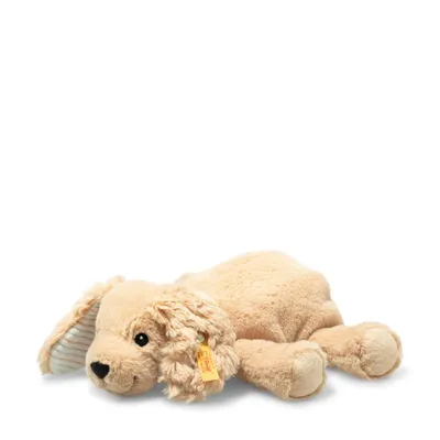 A plush toy dog lying down on a white background.