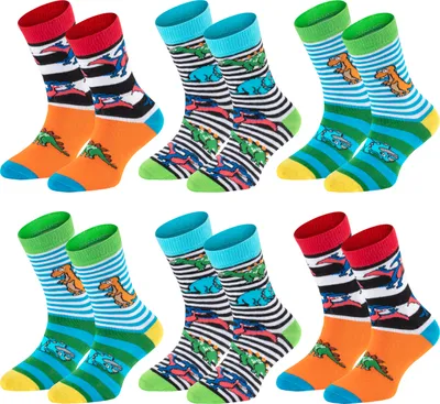 Produktbild von TippTexx 24 6 Paar Kinder Socken, handgekettelt, für Mädchen & Jungen, Dinos, Größe 19-22