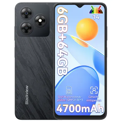 Blackview Wave8C 6,56" Ohne Vertrag Smartphone 6GB+64GB, Dual SIM 4G Handy, 4700mAh Akku, Fingerabdruck/Face ID/GPS/5G WiFi, shwarz