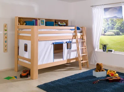 Produktbild von Etagenbett Jan Buche Natur lackiert mit Bücherregal 90x200 cm