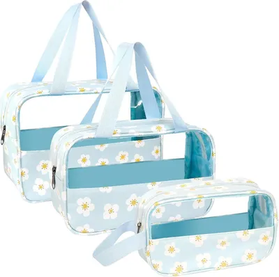 Image de Set de 3 trousses de toilette transparentes Noir Imperméable et robuste Trousse de toilette en PVC pour femmes Tailles polyvalentes pour les voyages et la vie quotidienne