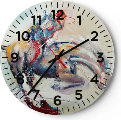 Produktbild von Wanduhr - Rund - Glasuhr - Pferd Abstraktion - 30x30cm - Schleichendes Uhrwerk - Lautlos - zum Aufhängen bereit - Dekoration Modern - Wanddekoration aus Glas - C4AR30x30-3446