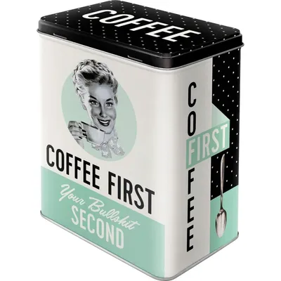 A vintage-style coffee tin with a woman holding a coffee cup.