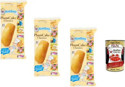 Produktbild von Mulino Bianco PlumCake Classico 3 x 330 g | Weiche italienische Mini-Kuchen einzeln verpackt, ideal für Frühstück & Snacks, authentischer Geschmack + Italian Gourmet polpa