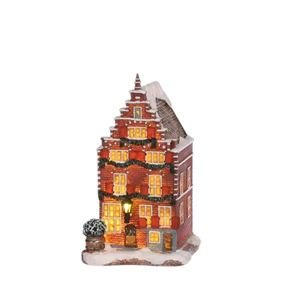 Produktbild von Luville Weihnachtsdorf Miniatur Grachtenhaus - Weihnachtsdeko mit Girlande am Giebel - Weihnachten Hausfigur mit Beleuchtung und Laterne - Batteriebetrieben - 10,5 x 11,5 x 18,5 cm - Braun