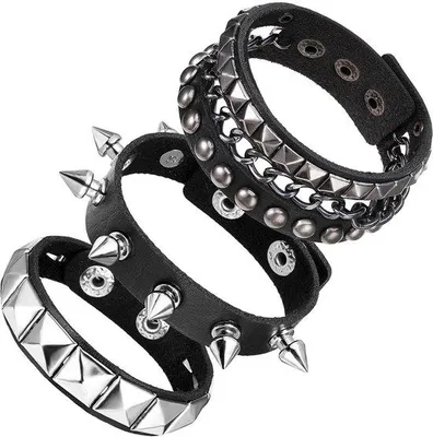 Productafbeelding van Set van drie lederen armbanden van Polyurethanleer - Punkrock design - Verstelbare manchettenarmbanden - Duurzaam en comfortabel