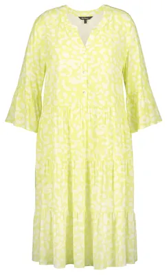 Immagine prodotto di Ulla Popken, abbigliamento da donna, taglie forti, abito midi, motivo leopardo, taglio a trapezio, colletto alto, maniche a 3/4