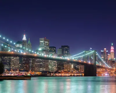 Produktbild von New York Kunstdruck Bild - Panorama Der Brooklyn Bridge Bei Nacht (40 x 50 cm)
