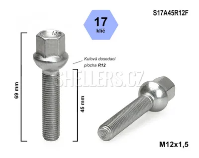 Obrázok produktu pre Skrutka kolesa M12x1,5x45 guľová skrutka R12, kľúč 17, S17A45R12F, výška 69 mm