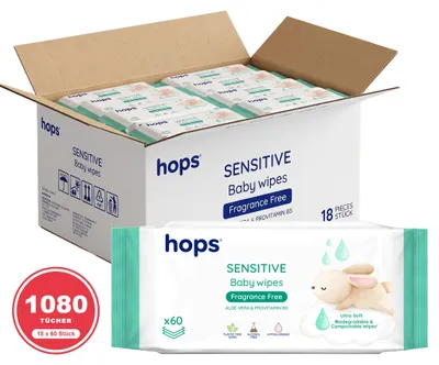 Produktbild von HOPS Sensitive Babyfeuchttücher 18 x 60 Stück, parfümfrei, plastikfrei, 100 % Naturfasern, Aloe Vera & Provitamin B5