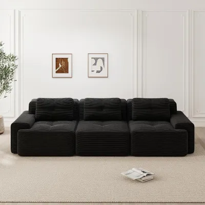 Produktbild von Modulares Cloud Sofa Schwarz, 3 Sitzer Cordsofa mit 74cm Tiefsitz, Bodennahes Ecksofa für Wohnzimmer, Montagefrei, 293x104x69 cm