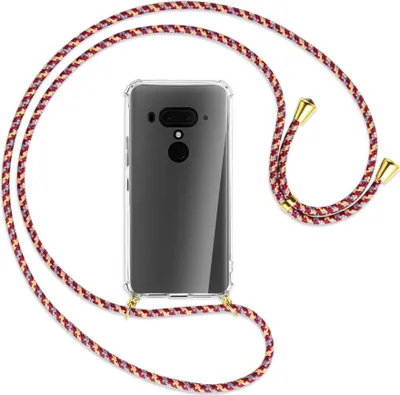 Produktbild von Handykette Backcover-Schutzhülle mit Band (Metall goldfarben) für HTC U12 Plus - weinrot/gelb/grau