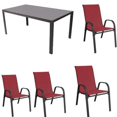 Produktbild von Gartenmöbel Set Metall Tisch 4 Stapelsessel Essgruppe Gartenset Sitzgruppe Stuhl burgundrot