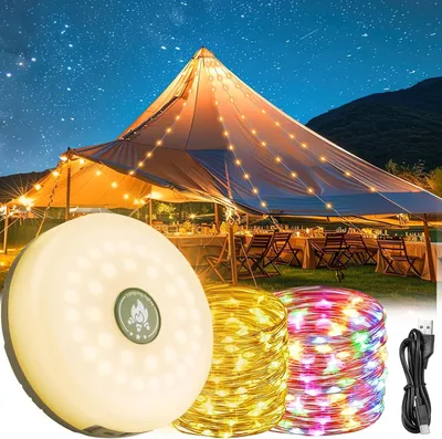 Produktbild von 2 Stücke Multifunktionale Tragbare Campingleuchte,10m Einziehbare Camping Lichterkette, Wasserdichte Campingzeltleuchte, LED-Lichterkette