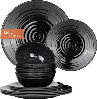 Immagine prodotto di Moritz stoviglie da campeggio in melamina per 4 persone 12 pezzi | lavabili in lavastoviglie | set di stoviglie da picnic | stoviglie da campeggio I Stone Dark Black Design