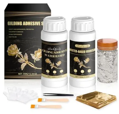 Immagine prodotto di Kit completo per l'applicazione del foglio d'oro, con colla e vernice protettiva: 100 ml di colla, 100 ml di vernice protettiva, 100 fogli d'oro, 2 pennelli