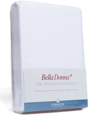 A white mattress protector is shown in its packaging, with a label displaying product information.