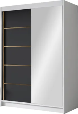 Produktbild von MIRJAN24 Schiebetürenschrank mit Spiegel Lungo III, Kleiderschrank mit Kleiderstange, mit zwei Schwebetüren, Garderobe (Farbe: Weiß / Schwarz)